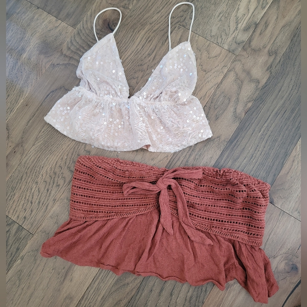 🔥🤎 BUNDLE OF 2! AMERICAN EAGLE / BOUTIQUE DOUBLE CRAZY SIZE LARGE CROP TOPS - Picture 1 of 8